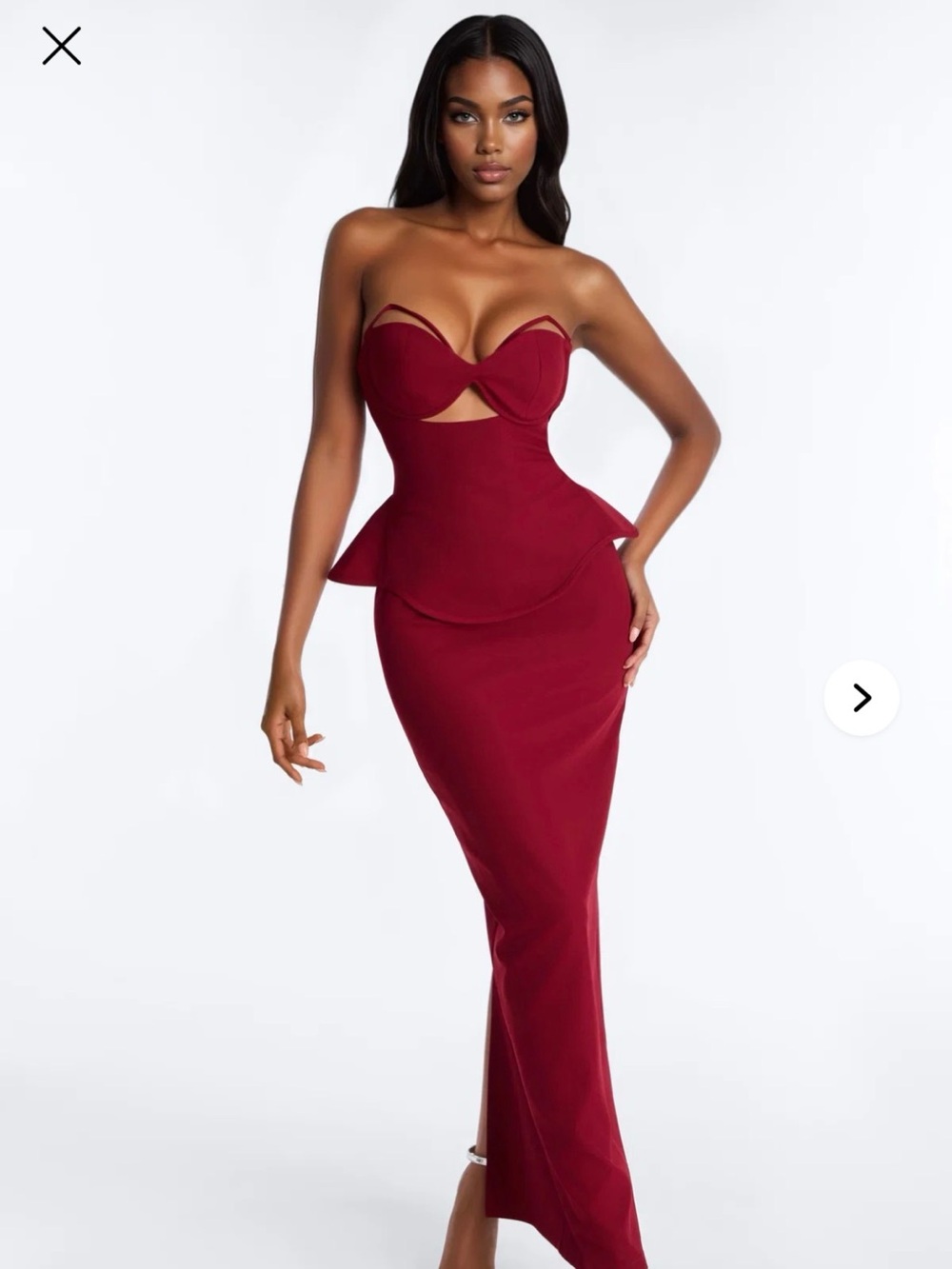 Fashion Nova Strapless Burgundy Peplum Mermaid Gown